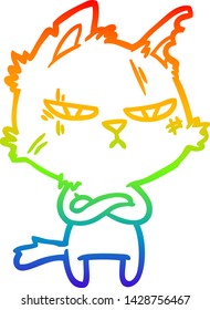 rainbow gradient line drawing of a tough cartoon cat folding arms