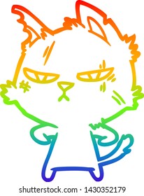 rainbow gradient line drawing of a tough cartoon cat