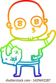 rainbow gradient line drawing of a waving weird bald spaceman
