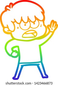 rainbow gradient line drawing of a worried cartoon boy
