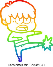 dibujo de una línea de gradiente de arco iris de un niño de caricatura preocupado