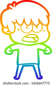 rainbow gradient line drawing of a worried cartoon boy