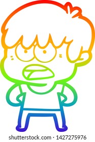 rainbow gradient line drawing of a worried cartoon boy