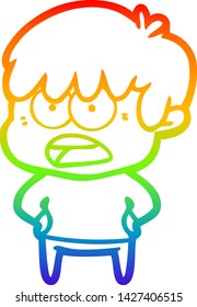 dibujo de una línea de gradiente de arco iris de un niño de caricatura preocupado