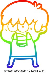 dibujo de una línea de gradiente de arco iris de un niño de caricatura preocupado