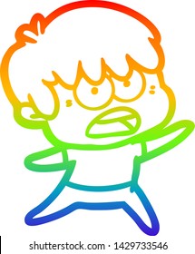 dibujo de una línea de gradiente de arco iris de un niño de caricatura preocupado