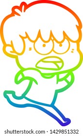 rainbow gradient line drawing of a worried cartoon boy