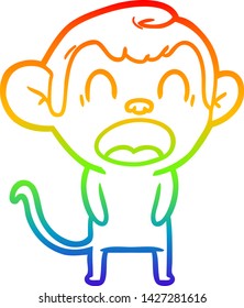 dibujo de la línea de gradiente del arcoiris de un mono de dibujos animados de bostezo