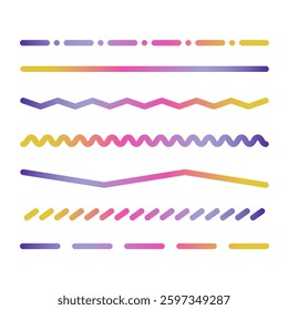 Rainbow gradient lines. Neon Dashed and Waves Dynamic shapes collection on black background