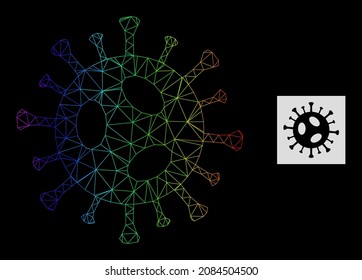 Rainbow gradient mesh 2019-ncov virus icon. Geometric frame flat net is based on 2019-ncov virus icon, generated with polygonal mesh framework, with rainbow gradient.