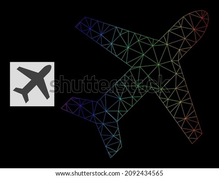 Rainbow gradient mesh airplane icon. Geometric carcass flat network is based on airplane icon, generated with polygonal mesh network, with rainbow gradient.