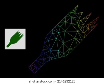 Rainbow gradient mesh broken wine bottle icon. Geometric frame flat network is based on broken wine bottle icon, generated with triangle mesh framework, with rainbow gradient.