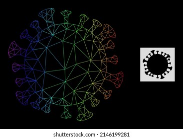 Rainbow gradient mesh coronavirus cell icon. Geometric frame flat net based on coronavirus cell icon, generated with polygonal mesh net, with rainbow gradient.