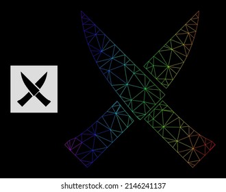 Icono de cuchillas de cruce de malla de gradiente arco iris. Red 2D de canal geométrica basada en el icono de cuchillos cruzados, generada con red de malla triangular, con gradiente espectral.