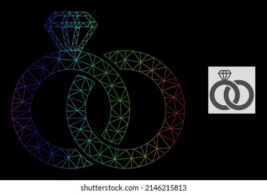 Rainbow gradient mesh diamond wedding rings icon. Geometric frame 2D network is based on diamond wedding rings icon, generated with triangular mesh network, with rainbow gradient.