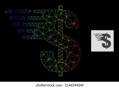 Icono de la malla del dólar en gradiente arcoiris. Red 2D de canal geométrica basada en icono de dólar, generada con canal de malla poligonal, con gradiente arcoiris.