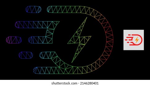 Elektrisches Streik-Symbol für Regenbogen-Farbverlauf-Gefälle. Geometrisches 2D-Netz basiert auf einem elektrischen Stricksymbol, erzeugt mit polygonalem Maschennetz, mit Regenbogen-Farbverlauf.