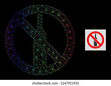 Rainbow gradient mesh forbidden alcohol icon. Geometric frame 2D net based on forbidden alcohol icon, generated with triangular mesh net, with spectrum gradient.