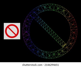 Icono prohibido de malla degradada del arco iris. Red de marco geométrico 2D basada en icono prohibido, generado con red de malla triangular, con gradiente arco iris.