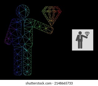 Rainbow gradient mesh groom diamond icon. Geometric frame 2D net based on groom diamond icon, generated with triangular mesh net, with spectral gradient.