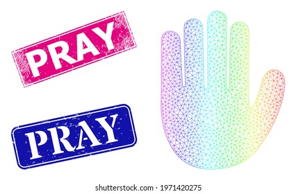 Rainbow gradient mesh hand palm, and Pray textured framed rectangle seals. Pink and blue rectangle stamp seals include Pray title. Vector model based on hand palm icon. Colorful frame mesh icon.
