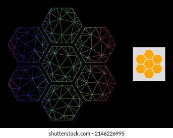 Rainbow gradient mesh honeycombs icon. Geometric carcass flat net is based on honeycombs icon, generated with triangular mesh net, with rainbow gradient.