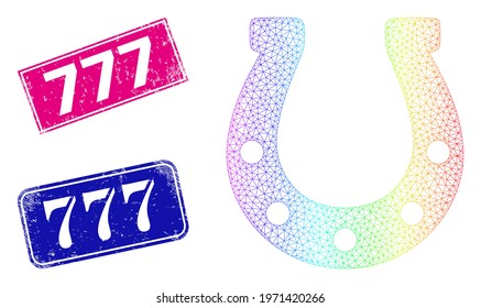 Rainbow gradient mesh horseshoe, and 777 dirty framed rectangle stamp seals. Pink and blue rectangle stamp seals include 777 text. Vector model based on horseshoe icon. Colorful carcass mesh icon.