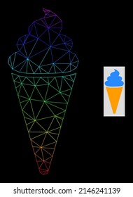 Icono de helado de malla de gradiente arco iris. La red plana de marco geométrico se basa en el icono de helado, generado con red de malla triangular, con gradiente arco iris.