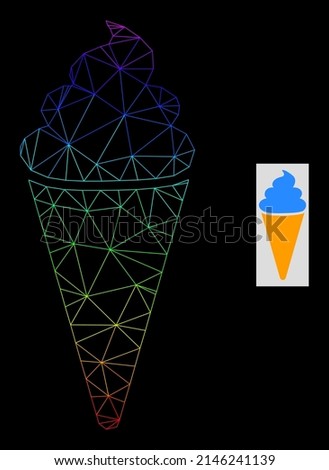 Rainbow gradient mesh ice cream icon. Geometric frame flat net is based on ice cream icon, generated with triangle mesh network, with rainbow gradient.
