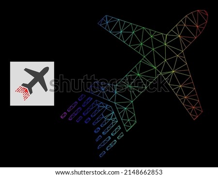 Rainbow gradient mesh jet liner icon. Geometric frame flat network is based on jet liner icon, generated with triangle mesh network, with rainbow gradient.