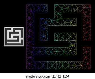 Rainbow gradient mesh labyrinth icon  Geometric carcass flat net based labyrinth icon  generated and triangle mesh carcass  and rainbow gradient 