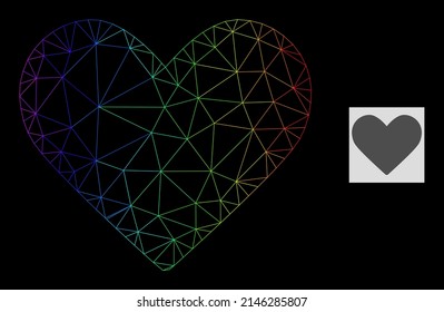 Icono de corazón de la malla de gradiente arcoiris. La red plana de canales geométricos se basa en el icono del corazón de amor, generado con red de malla triangular, con gradiente arco iris.