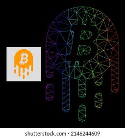 Rainbow gradient mesh melting bitcoin icon. Geometric carcass flat net is based on melting bitcoin icon, generated with triangle mesh net, with rainbow gradient.