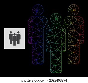 Rainbow-Gefälle verflochten Menschen Symbol. Geometrisches Rahmenflachnetz auf Basis von Menschen Symbol, erzeugt mit dreieckigen Maschenkarren, mit Regenbogenverlauf.