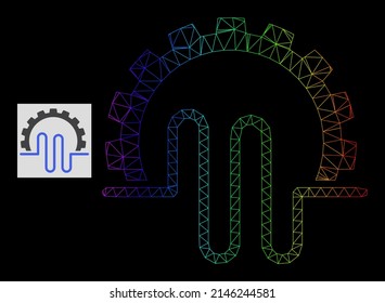 Rainbow gradient mesh pipe service gear icon. Geometric carcass 2D net based on pipe service gear icon, generated with triangle mesh net, with spectrum gradient.