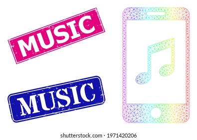 Rainbow gradient mesh smartphone music, and Music dirty framed rectangle stamps. Pink and blue rectangle stamps include Music tag. Vector model created from smartphone music icon.