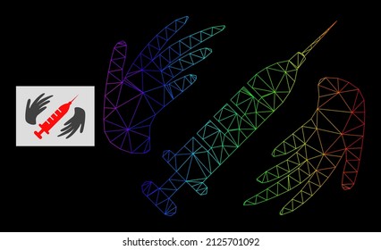 Rainbow gradient mesh vaccine care hands icon. Geometric frame flat net based on vaccine care hands icon, generated with triangular mesh net, with spectral gradient.