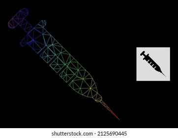 Icono de la vacuna contra la malla gradiente del arco iris. La red de cuadro geométrico 2D se basa en el icono de la vacuna, generado con la canal de malla triangular, con gradiente espectral.