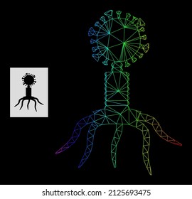 Icono de agente viral de malla de gradiente arco iris. La red plana de marco geométrico se basa en el icono del agente viral, generado con red de malla triangular, con gradiente de espectro.