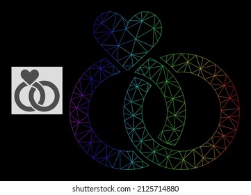 Rainbow gradient mesh wedding rings icon. Geometric carcass 2D net based on wedding rings icon, generated with polygonal mesh network, with rainbow gradient.