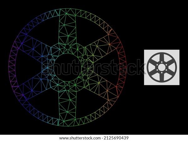 Rainbow gradient mesh wheel icon. Geometric\
carcass 2D net based on wheel icon, generated with triangle mesh\
net, with rainbow\
gradient.