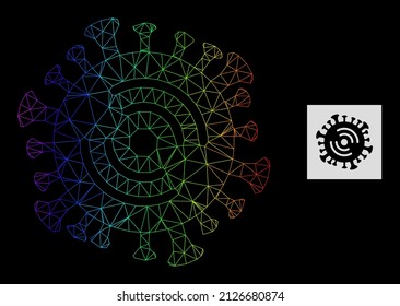 Icono del virus Wi-Fi de malla de gradiente arco iris. La red geométrica 2D de marco se basa en un icono de virus Wi-Fi, generado con red de malla triangular, con gradiente espectral.