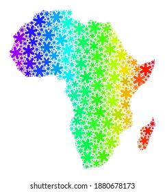 Rainbow gradient mosaic of Africa map designed for Christmas sales. Africa map mosaic is formed from multicolored snow elements. Designed for Christmas posters.