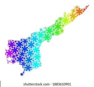 Rainbow gradient mosaic of Andhra Pradesh State map designed for Winter celebration. Andhra Pradesh State map mosaic is done with multicolored snow items. Designed for Christmas applications.