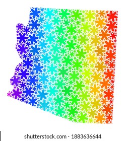 Rainbow gradient mosaic of Arizona State map combined for Winter celebration. Arizona State map mosaic is designed from colorful snowflakes. Designed for Christmas purposes.