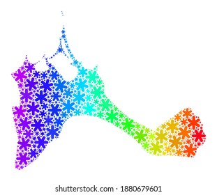 Mosaico degradado de arcoiris del mapa de la isla Formentera diseñado para la celebración de Año Nuevo. El mosaico de mapas de la isla Formentera está formado por elementos de nieve brillantes. Diseñado para ilustraciones navideñas.