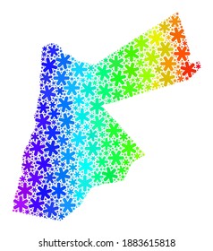 Mosaico degradado de arcoiris del mapa de Jordania diseñado para vacaciones de invierno. El mosaico de mapas de Jordania está organizado con brillantes copos de nieve. Diseñado para las ventas de Año Nuevo.