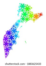 Rainbow gradient mosaic of Kamchatka map designed for Christmas sales. Kamchatka map mosaic is constructed of vibrant snow. Designed for Christmas purposes.
