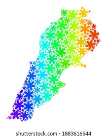 Mosaico degradado de arcoiris del mapa del Líbano hecho para las ventas de Año Nuevo. El mosaico del mapa del Líbano está diseñado a partir de brillantes elementos de nieve. Diseñado para las ventas navideñas.