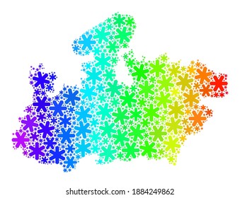 Mosaico degradado de arcoiris del mapa estatal de Madhya Pradesh diseñado para anuncios navideños. El mosaico del mapa del estado de Madhya Pradesh está hecho de vibrantes partes de nieve. Diseñado para proyectos patrióticos.